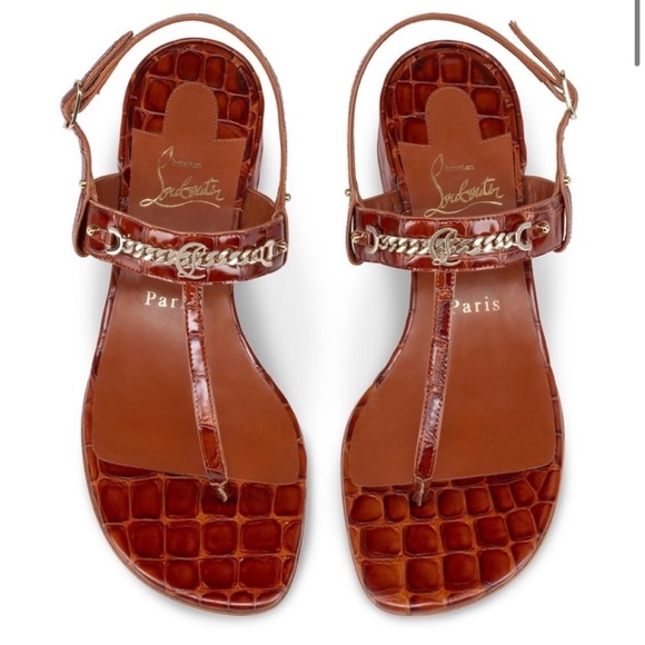 CHRISTIAN LOUBOUTIN MJ THONG CARAMEL BROWN CROC LEATHER SANDALS SZ 39 BLOCK HEEL - Picture 3 of 16